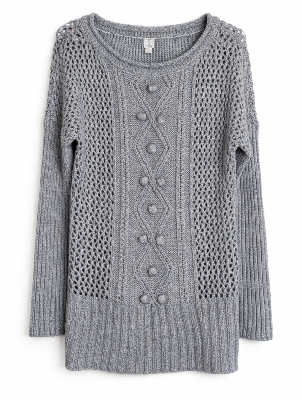 ​Tristan Grey Pointelle Open Knit Tunic Sweater Bobble Cable Knit Alpaca Wool